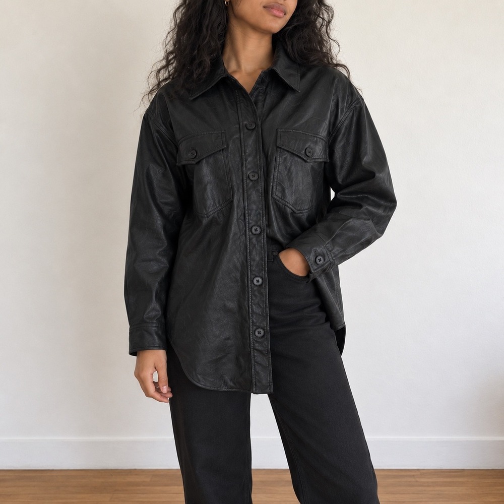 Wilfred Black Faux Leather Shirt Jacket Small Indie Sleaze Moto Grunge